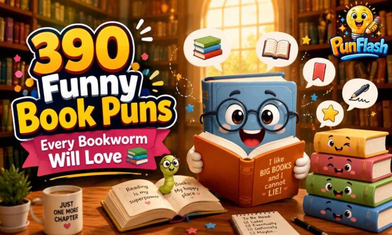 Funny book puns featured image showing a smiling cartoon book, colorful library shelves, happy bookworm, and stacked books for book lovers.