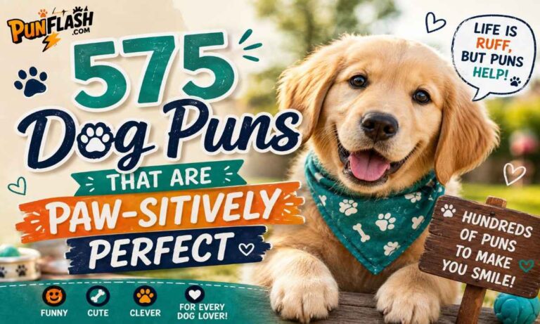Golden retriever puppy smiling with 575 funny dog puns for captions, jokes, and pet lovers.