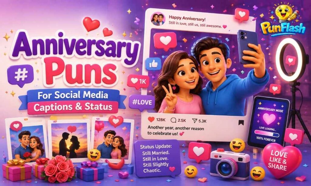 Cartoon couple sharing an anniversary post on social media