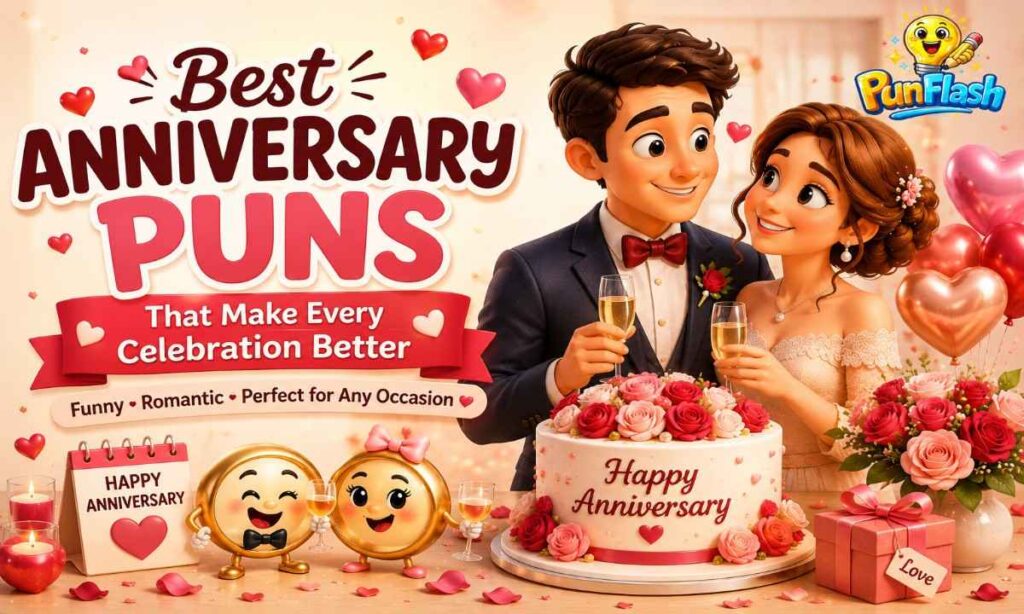 Cartoon couple celebrating an anniversary with cake and champagne