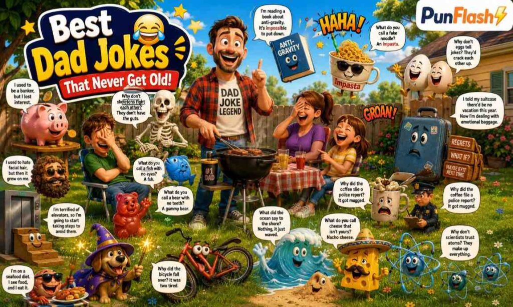 Classic dad jokes cartoon illustration with funny family-friendly puns