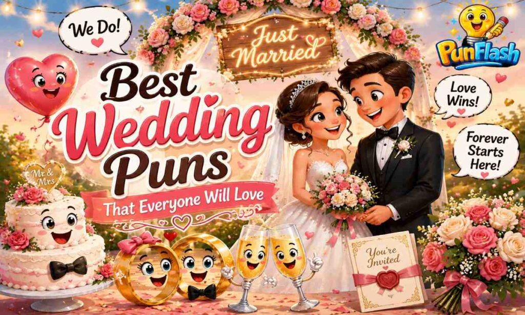 Cartoon bride and groom with wedding rings, cake, flowers, and funny wedding puns celebrating love and marriage.