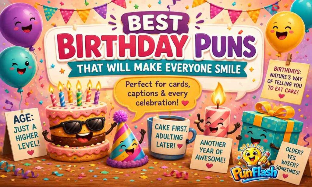 Best birthday puns with cake, balloons, candles, gifts, and party celebration illustration

SEO File Name