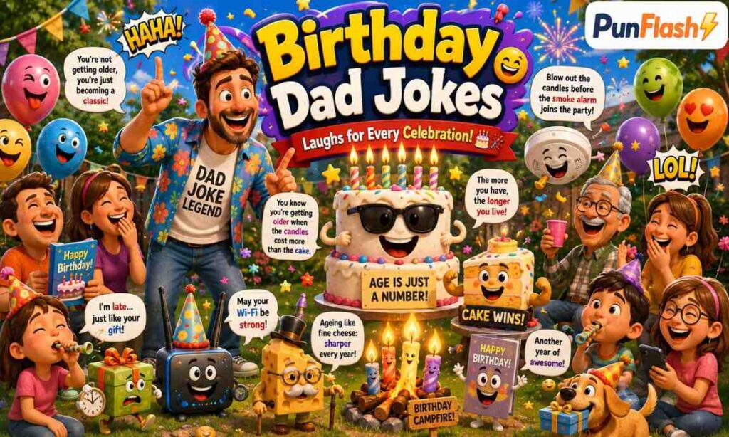 Birthday dad jokes cartoon with funny cake and family party