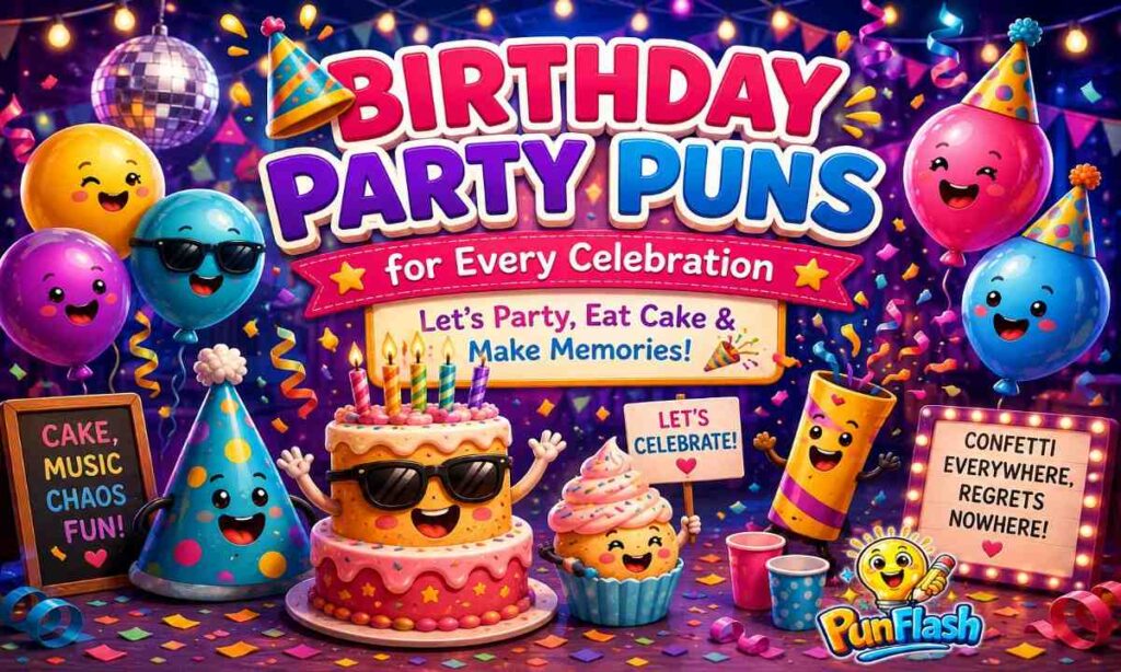 Birthday party puns illustration with cake, balloons, confetti, and party decorations