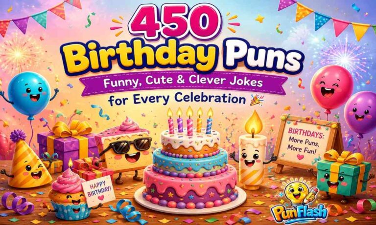 Funny birthday puns illustration with birthday cake, candles, balloons, gifts, confetti, party decorations, happy birthday celebration, birthday captions, and colorful party theme.