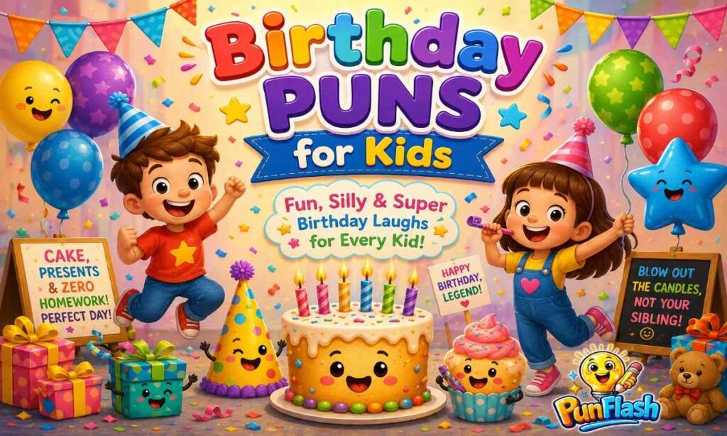 Birthday puns for kids with cake, balloons, gifts, and fun party illustration
