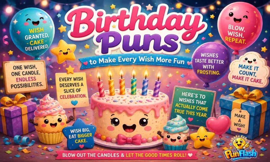Birthday wish puns illustration with cake, candles, gifts, and party decorations
