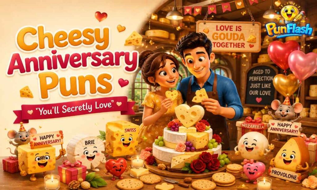 Cartoon couple celebrating with smiling cheese characters