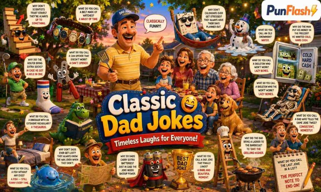 Classic dad jokes cartoon with timeless family-friendly humor