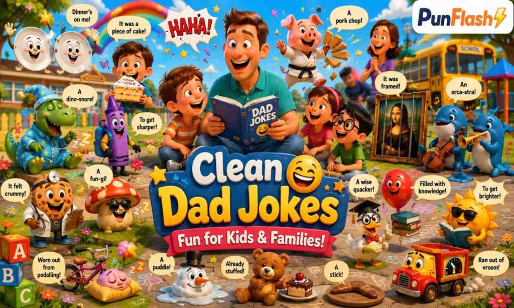 Clean dad jokes cartoon with funny kids and family-friendly humor