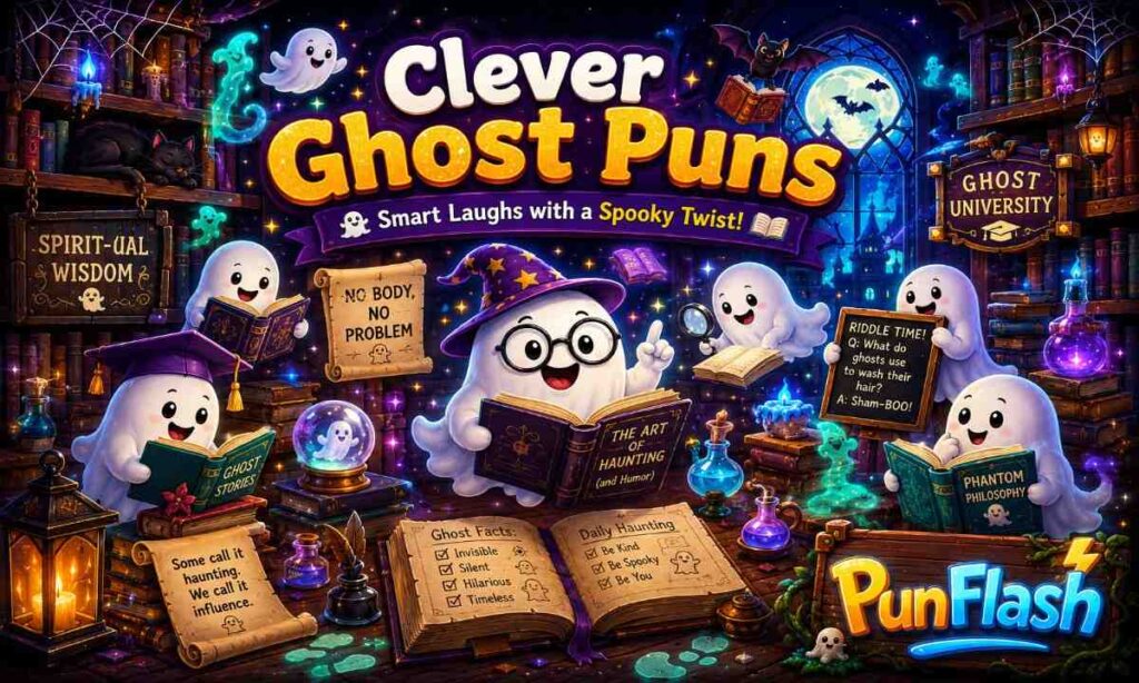 Wise ghost reading magical books in a haunted library with clever ghost puns