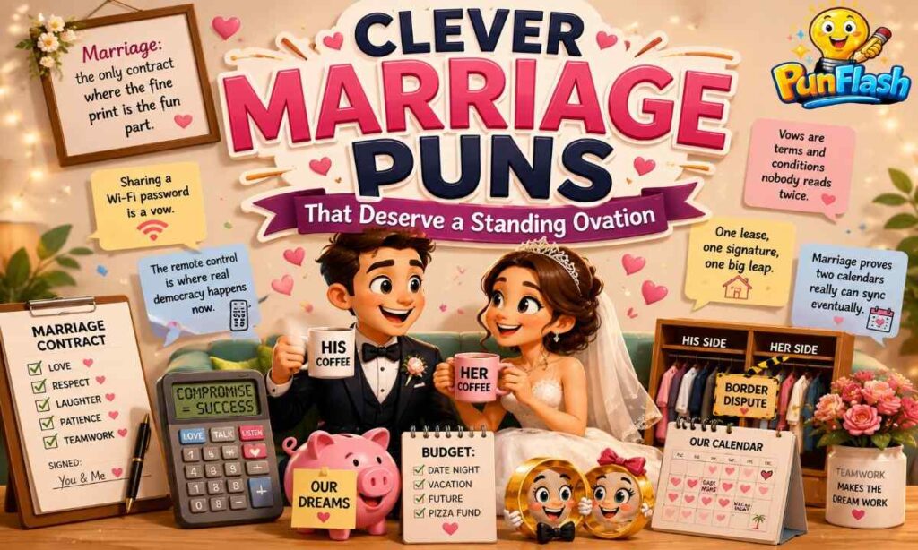 Cartoon couple with wedding rings, calendar, budget planner, and funny marriage puns about married life, teamwork, and relationships.