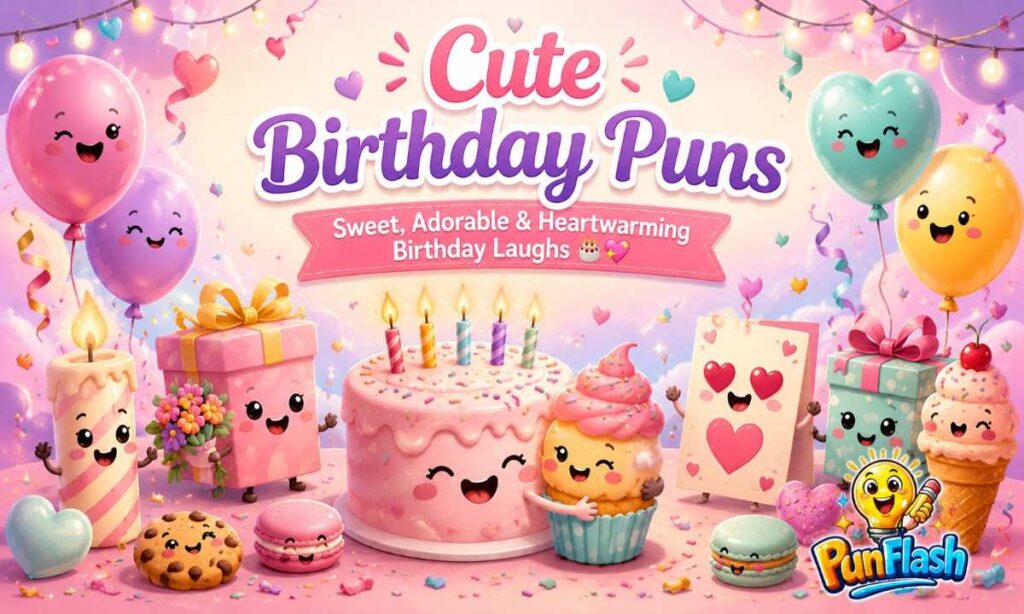 Cute birthday puns illustration with cake, cupcakes, balloons, gifts, and candles
