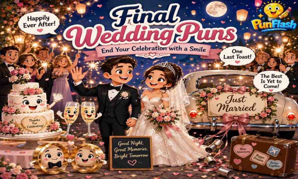 Cartoon bride and groom leaving their wedding reception with a getaway car, sparklers, wedding rings, and funny farewell wedding puns.