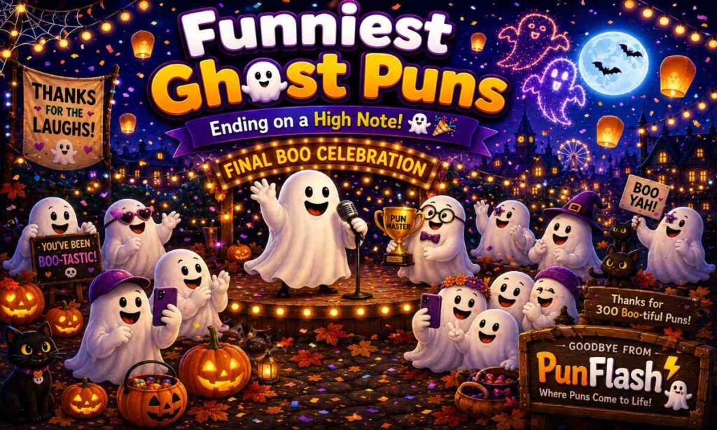 Happy ghosts celebrating funny ghost puns at a Halloween farewell party with pumpkins, lanterns, bats, and festive decorations.