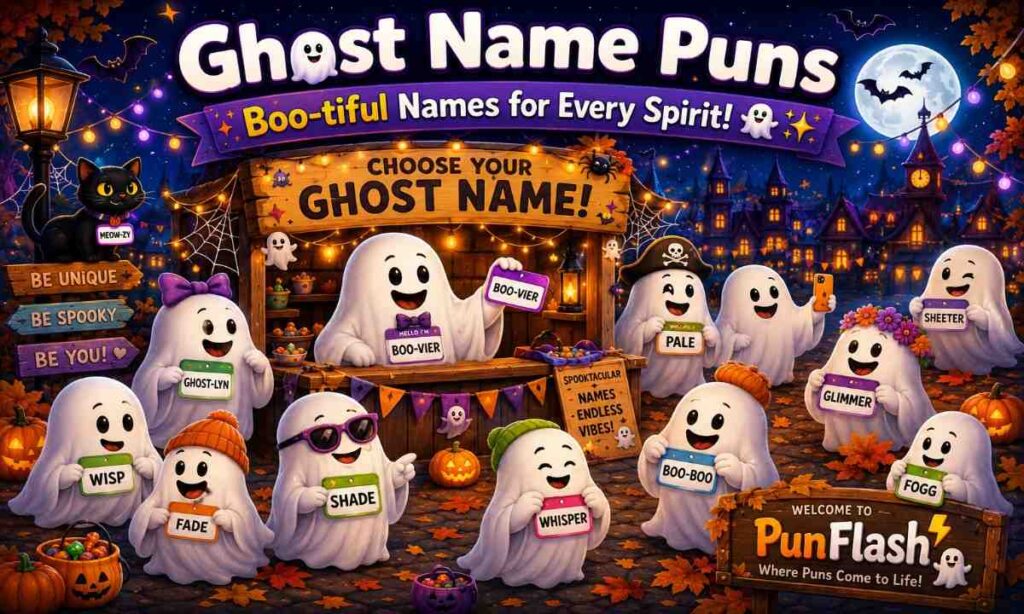 Cute ghosts choosing funny ghost names at a Halloween name booth with pumpkins, bats, lanterns, and spooky decorations.