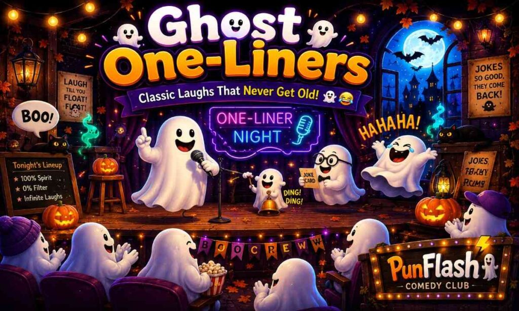 Funny ghosts performing one-liners on a Halloween comedy stage with pumpkins, bats, and spooky decorations.