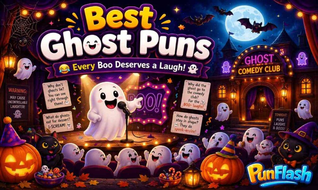 Funny ghost telling ghost puns on a comedy stage with laughing ghosts, pumpkins, bats, Halloween decorations, and a glowing full moon.