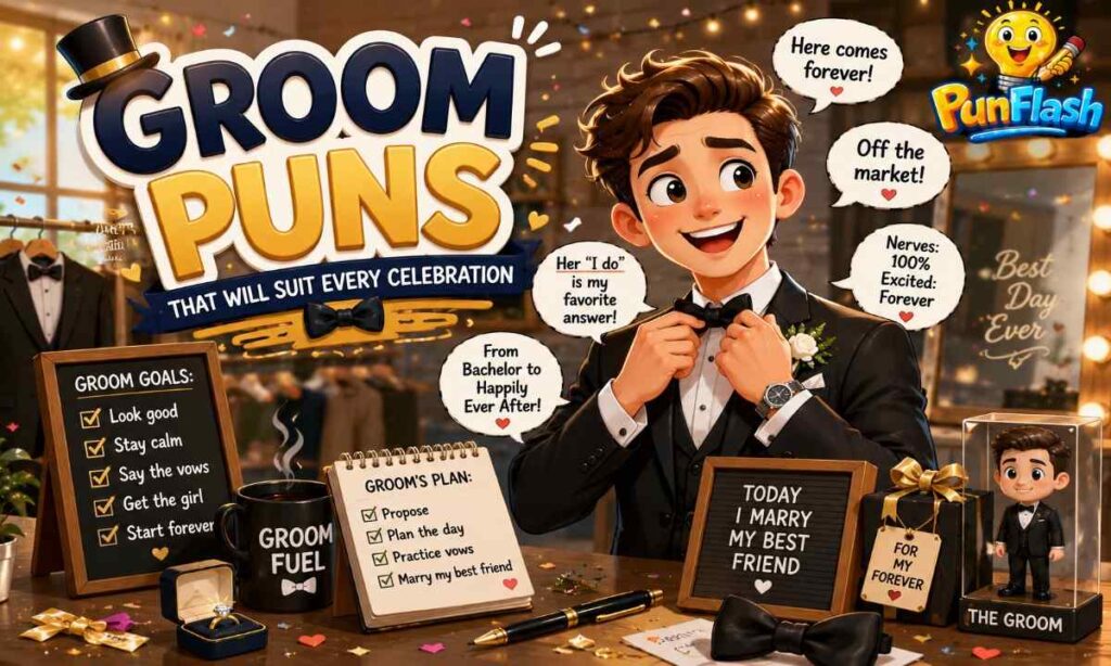 Cartoon groom in a tuxedo with wedding ring, bow tie, and funny groom puns celebrating marriage, proposals, and wedding day moments.