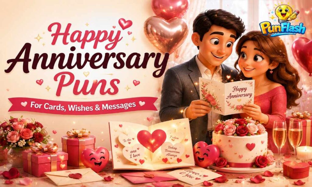 Cartoon couple exchanging an anniversary card with gifts and cake