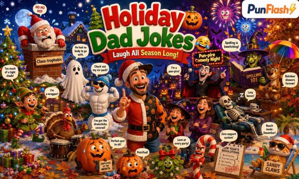 Holiday dad jokes cartoon with Christmas, Halloween, and festive family humor