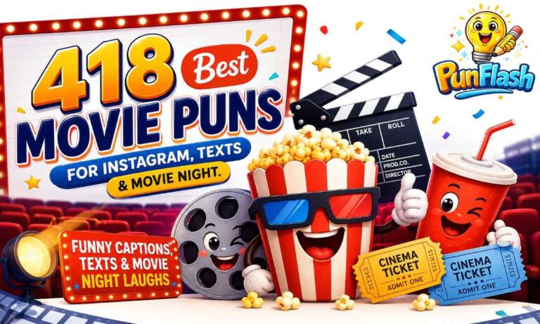Funny movie puns with popcorn, film reel, and cinema theme