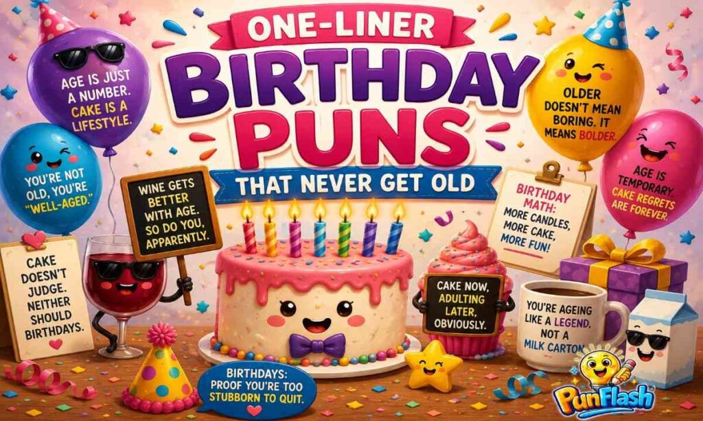 One-liner birthday puns illustration with cake, candles, balloons, and party fun