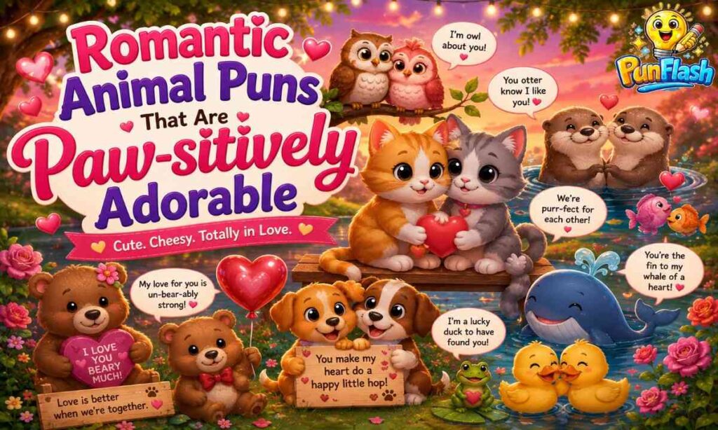 Romantic animal puns illustration with cute cats, owls, otters, bears, ducks, and heart-themed love jokes ⭐