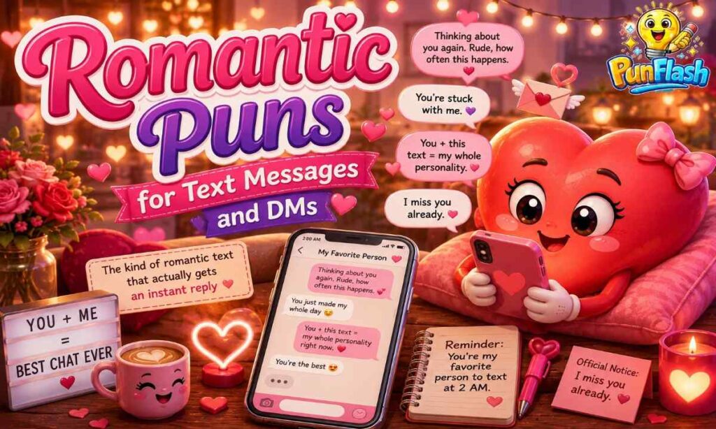 Romantic text message puns illustration with cute heart characters, smartphone chat, love notes, and flirty DM jokes