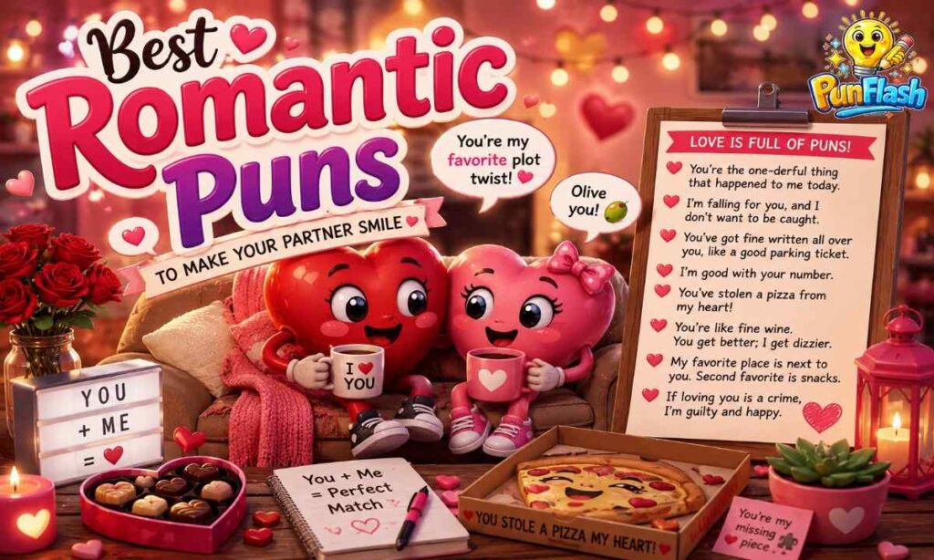 Best romantic puns illustration with cute heart couple, roses, love letter, chocolates, and romantic cartoon characters