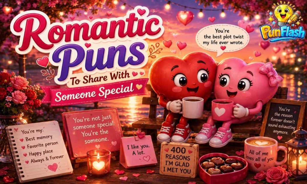 Romantic puns illustration with cute heart couple, love notes, coffee, chocolates, and someone special love quotes