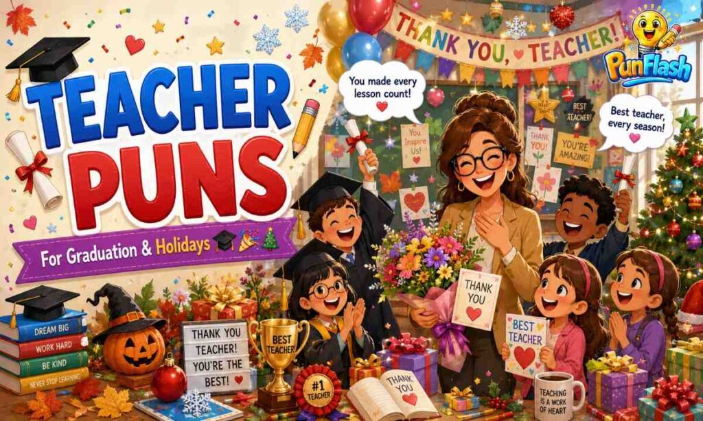 Teacher graduation and holiday puns illustration