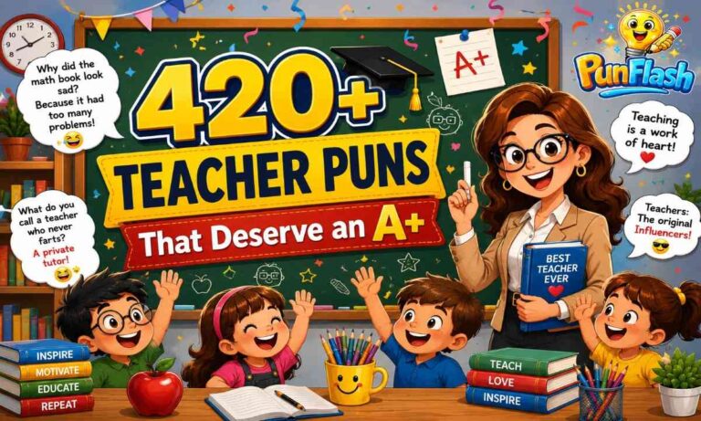 Teacher puns classroom illustration with happy teacher and students.