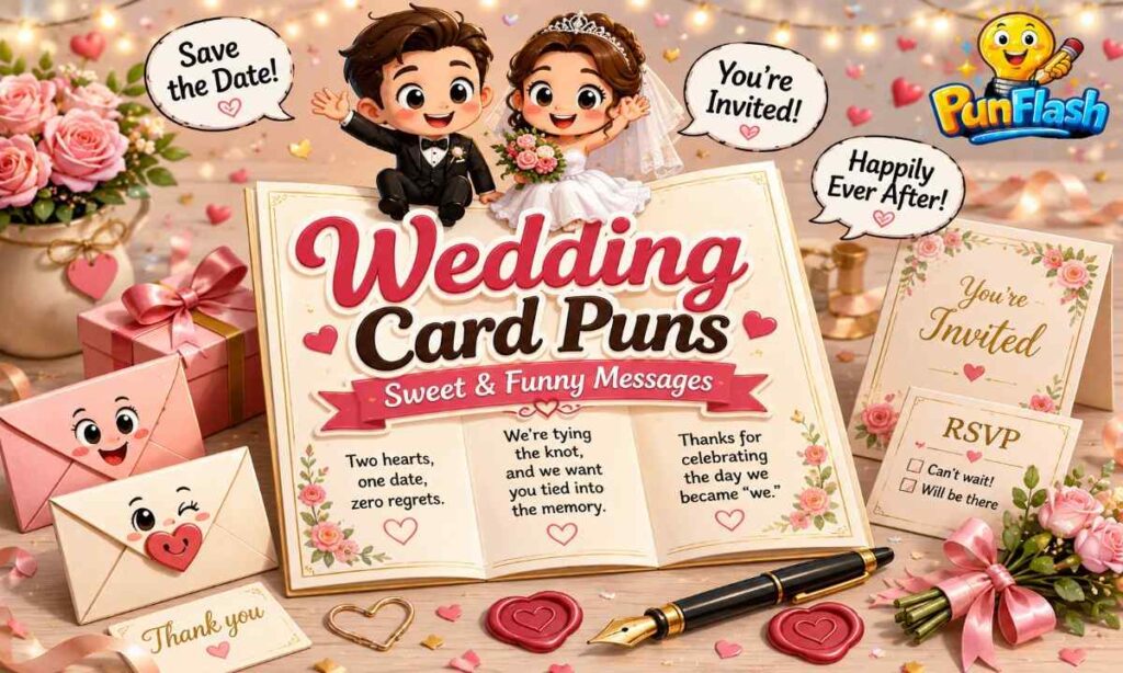 Cartoon wedding card with smiling envelopes, invitations, bride and groom, roses, and funny wedding card puns for invitations and messages.