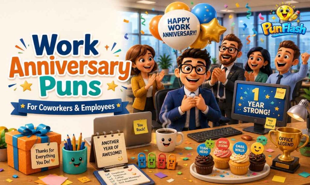 Cartoon office team celebrating a coworker's work anniversary
