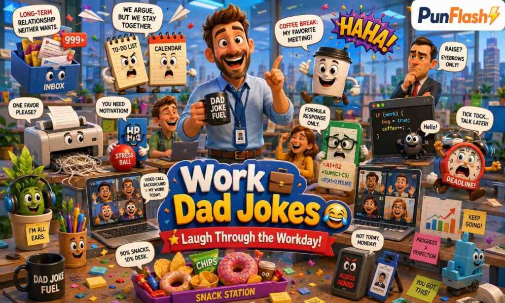 Work dad jokes cartoon with funny office and workplace humor
