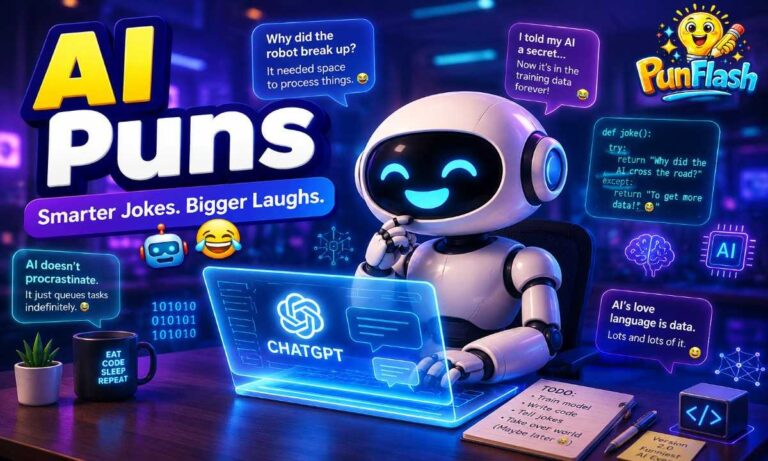 Cartoon AI robot laughing while using ChatGPT with futuristic chatbot and machine learning technology