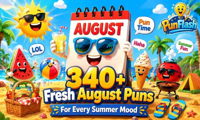 August puns cartoon featuring a smiling calendar and summer fun.