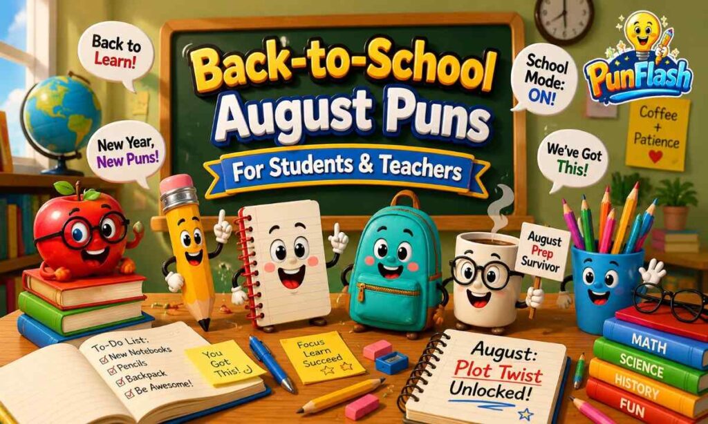 Back-to-school August puns cartoon with smiling school supplies and classroom fun.