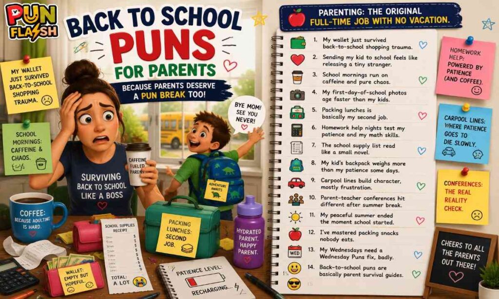 Funny back to school puns for parents with school supplies