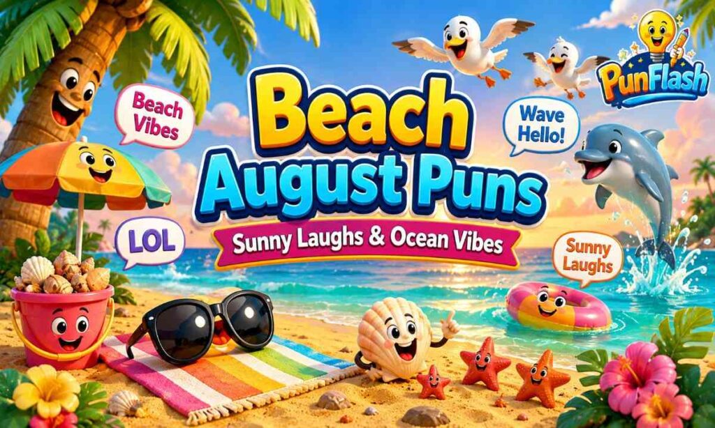 Beach August puns cartoon with ocean waves, surfboard, dolphin, and tropical beach.