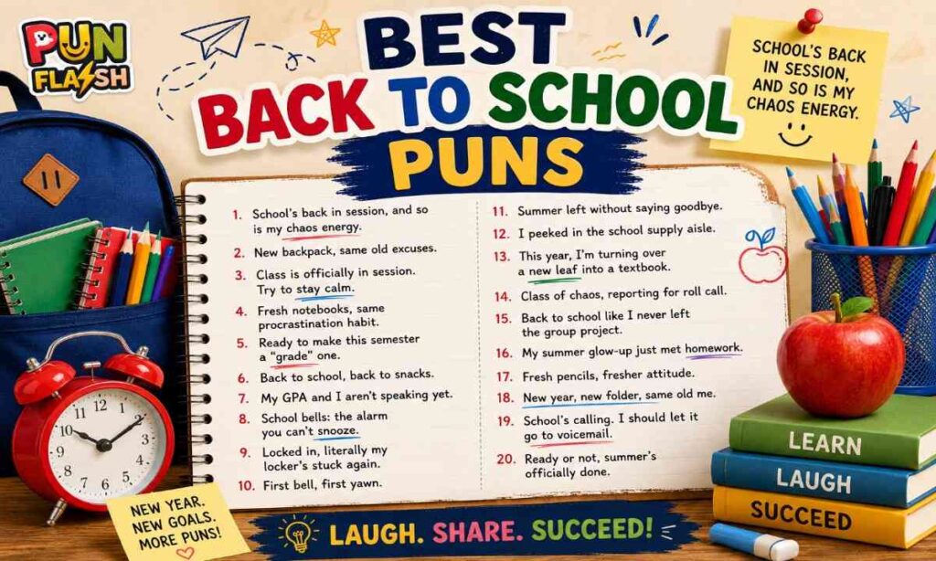 Best back to school puns with school supplies and notebook
