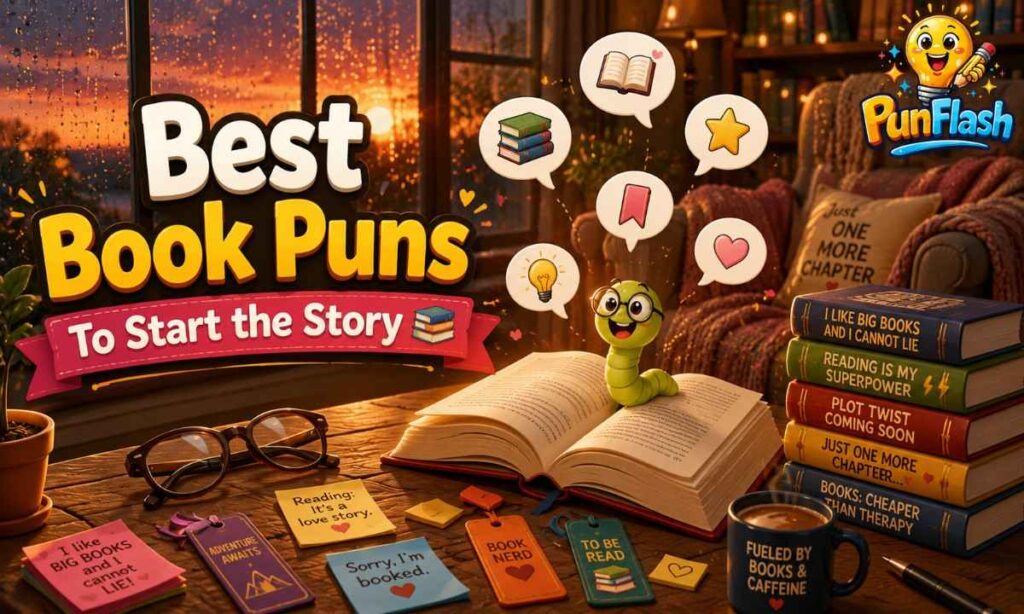 Cozy reading nook with an open book, smiling bookworm, colorful novels, and funny book-themed elements for the Best Book Puns to Start the Story section.