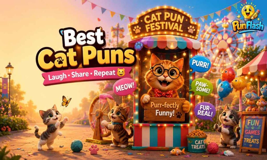 Funny cat puns festival illustration with cartoon cats