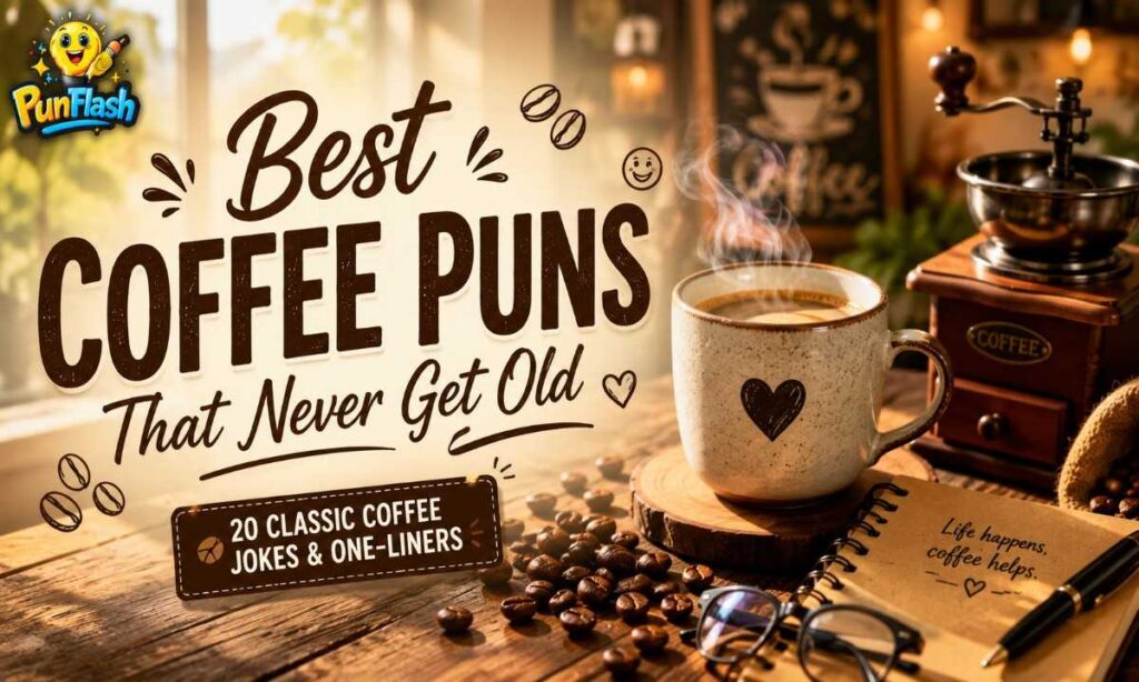 Best coffee puns with a steaming coffee mug on a cozy café table