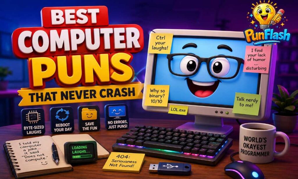 Cute 3D cartoon computer with keyboard, funny tech notes, and Best Computer Puns That Never Crash illustration.