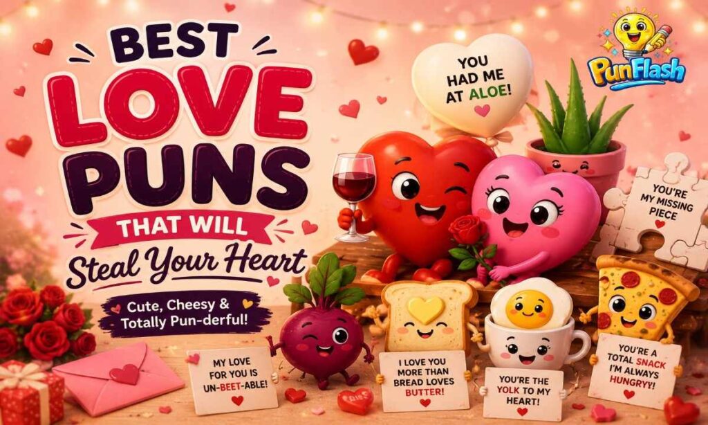 Cute cartoon hearts with the best love puns