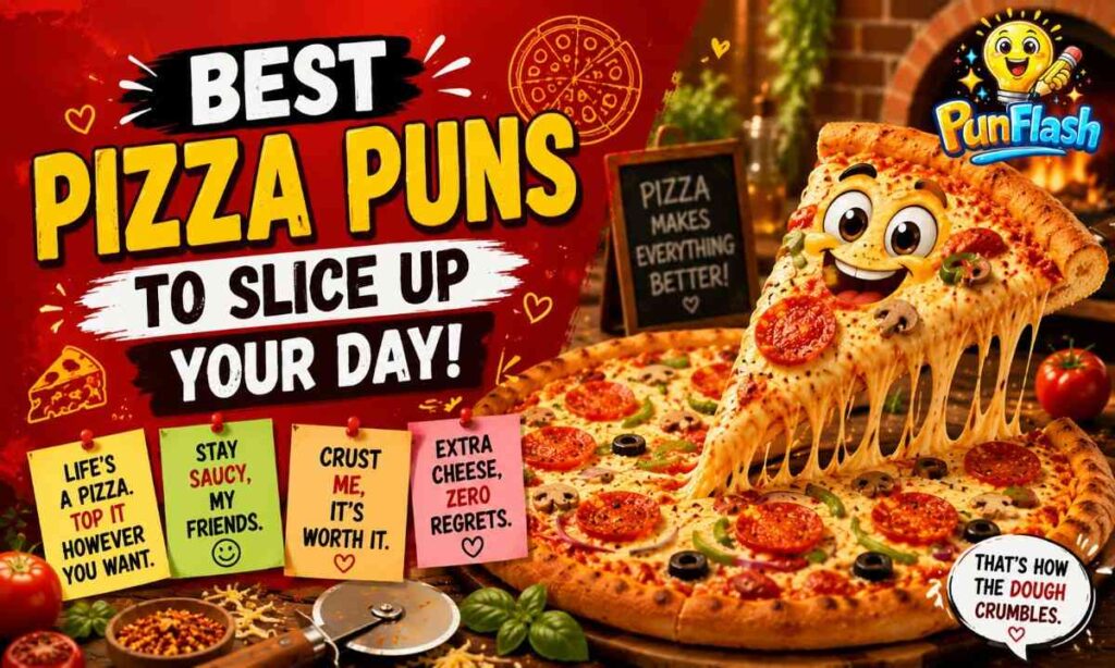 Cartoon pepperoni pizza with melted cheese, pizza slice, and funny pizza puns illustration.