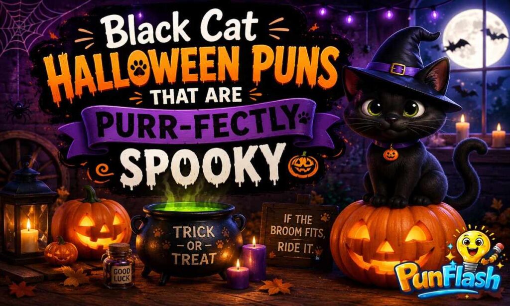 Black cat Halloween puns with pumpkins and witch hat